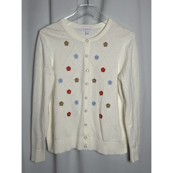 Charter Club Embroidery Flower Faux Pearl Argyle Cardigan Sz L - Picture 3 of 8